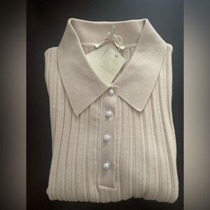 Maje Tan Ribbed Pearl Button Down Polo Shirt